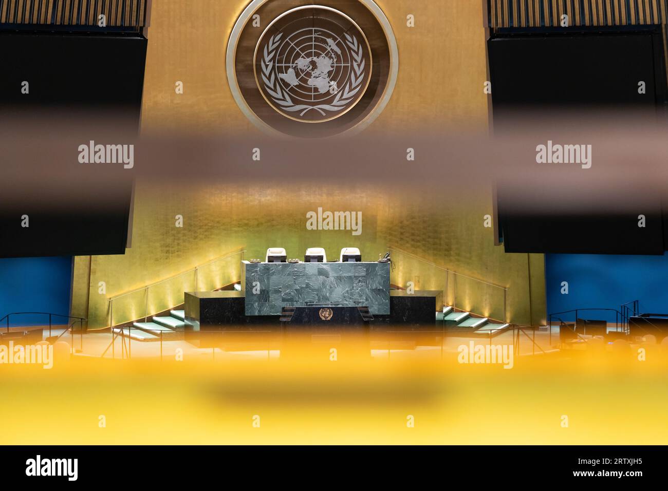 A close up of the podium of the UN General Assembly hall in New York, USA. Stock Photo
