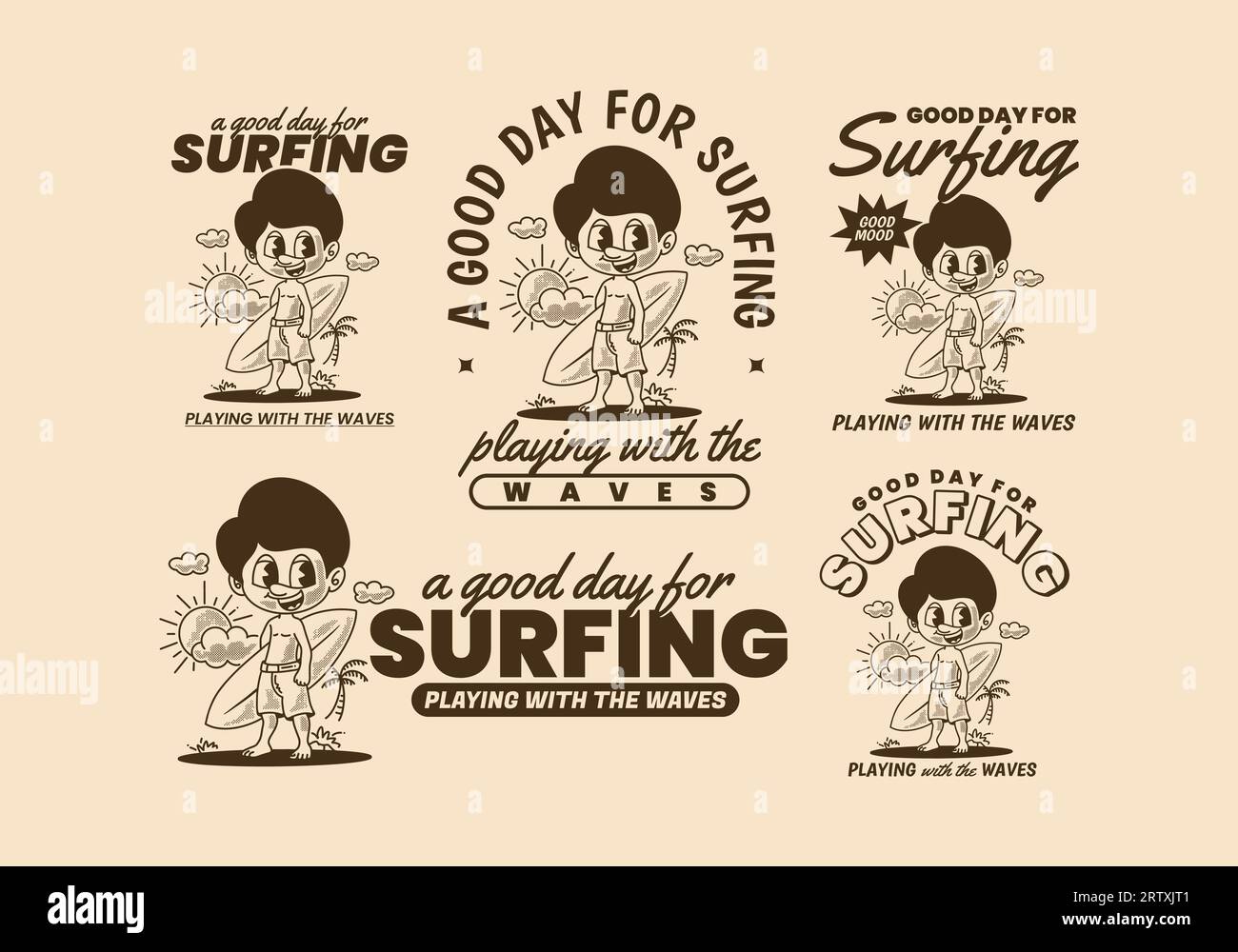 A good day for surfing, vintage illustration of a boy standing on the beach holding a surfboard Stock Vector
