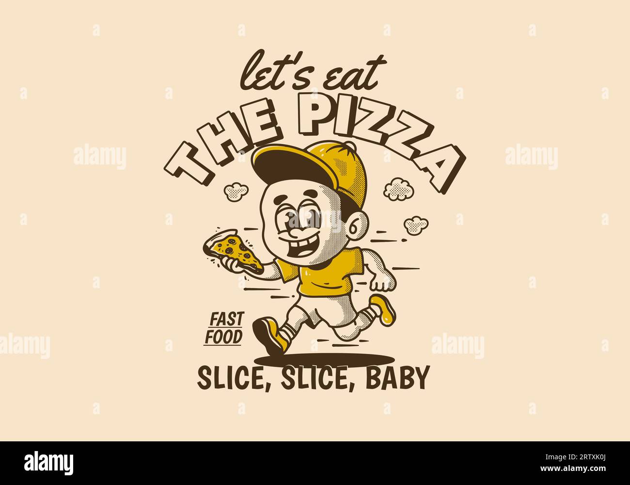 Let's eat the pizza, a little boy running and holding a slice of pizza ...