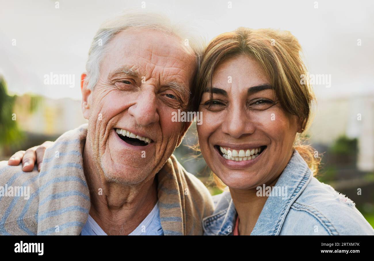 Happy friends with diverse age and ethnicity having fun smiling in ...