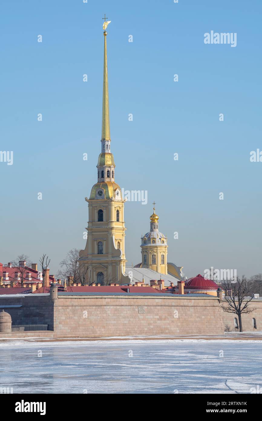 SAINT PETERSBURG, RUSSIA - MARCH 17, 2023: The bell tower of the Peter and Paul Cathedral from the side of the Trubetskoy bastion on a March day Stock Photo