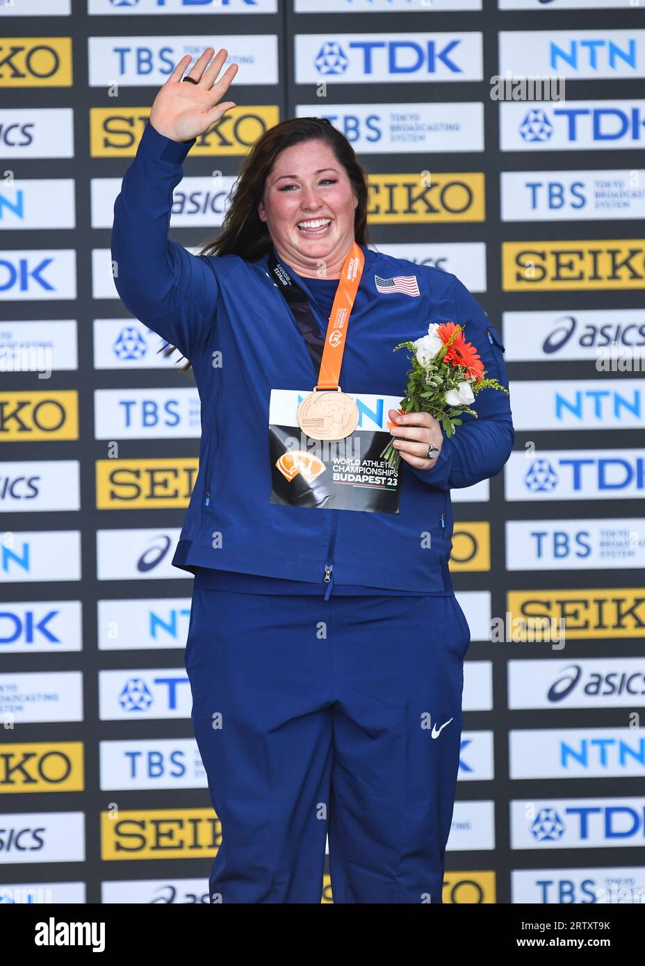 DeAnna Price of the USA celebrates while recieving her bronze medal for hammer on day seven at the World Athletics Championships at the National Athle Stock Photo
