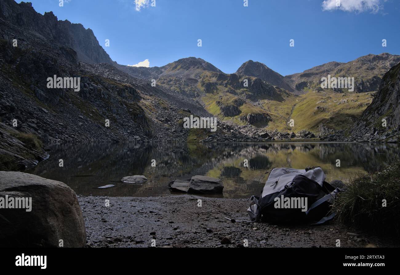 Lai da tuma landscape portrait with hiking backpack Stock Photo