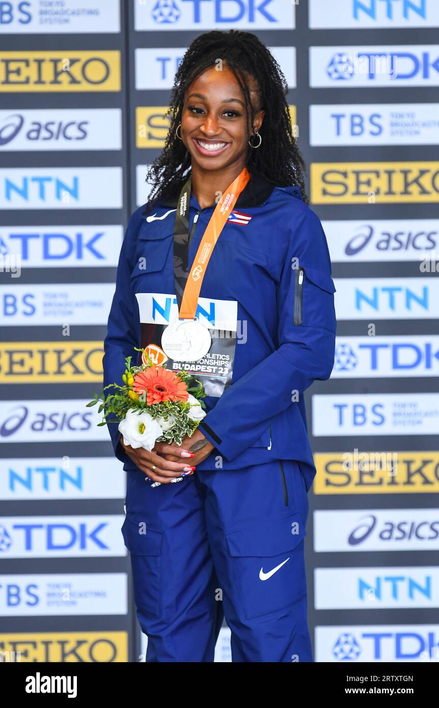 Jasmine Camacho-Quinn of Puerto Rico silver medal ceremony for 100m