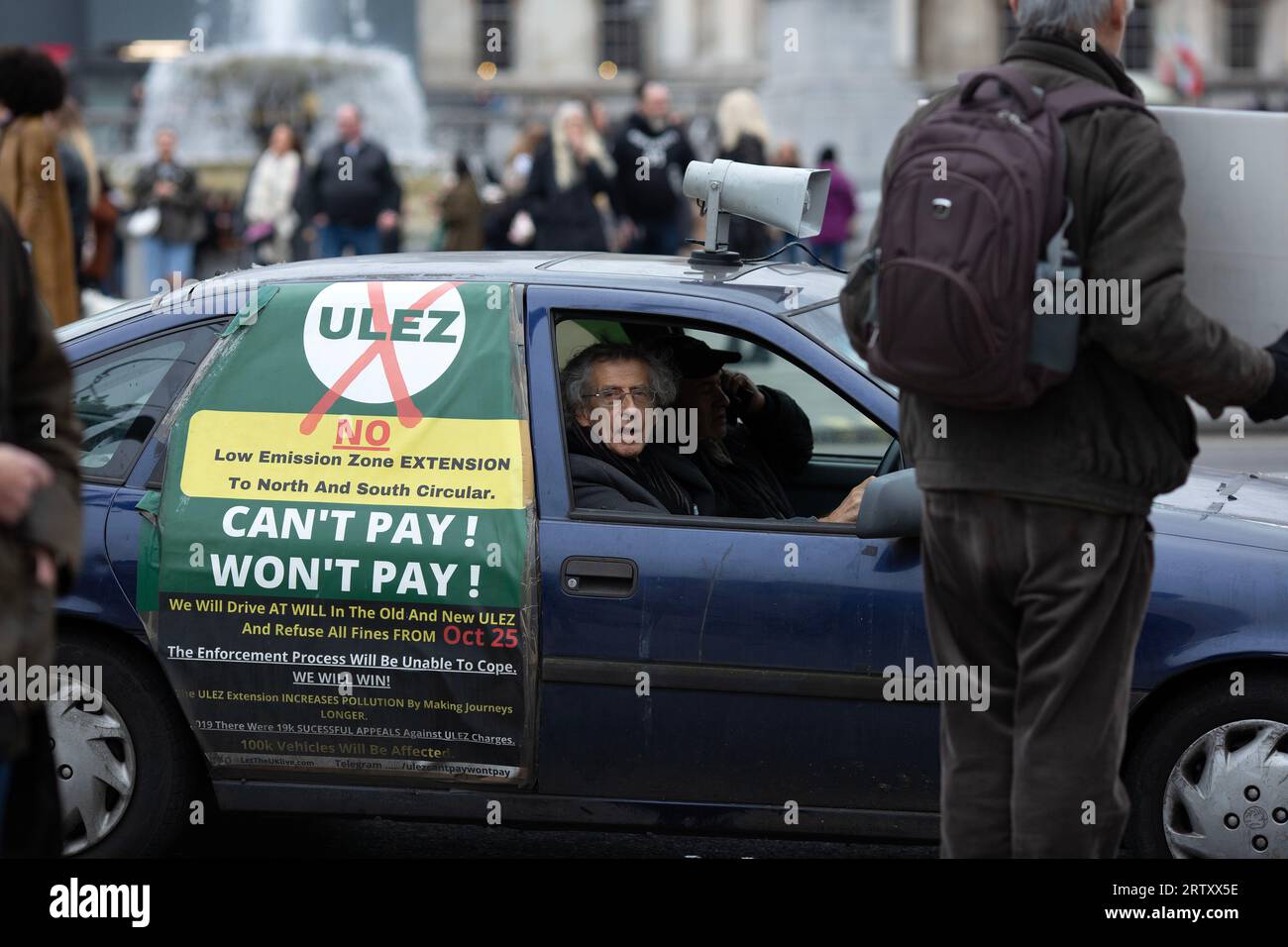Piers Corbyn, brother of Jeremy Corbyn MP, is seen during a protest against the expansion of London's ultra-low emission zone (ULEZ) in London. Stock Photo