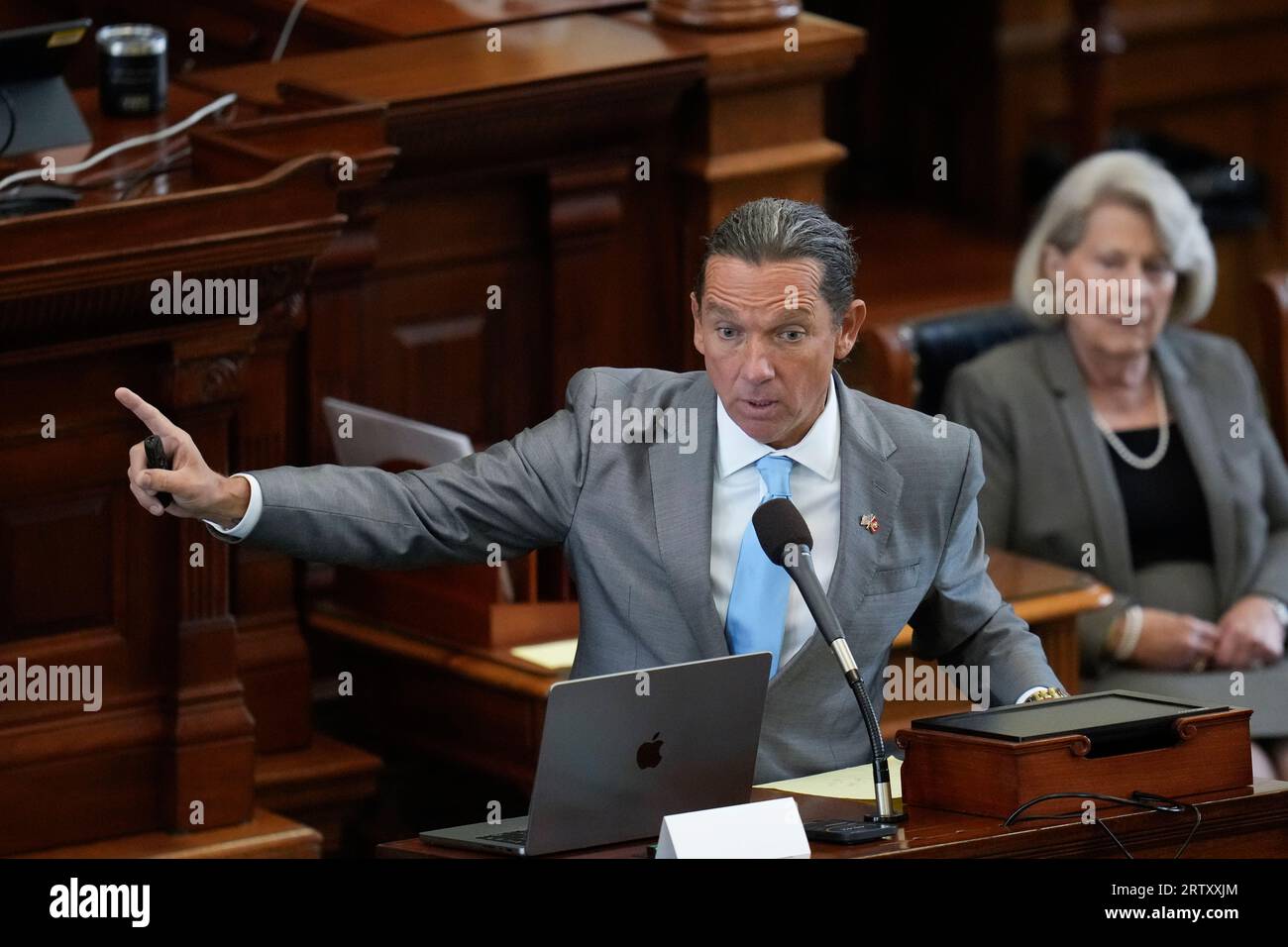 Defense attorney TONY BUZBEE gives final arguments as both sides have rested in Texas Attorney General Ken Paxton's impeachment trial in the Texas Senate on September 15, 2023. THe charges will go to the jury today. At left is Texas Ranger David Maxwell. Credit: Bob Daemmrich/Alamy Live News Stock Photo