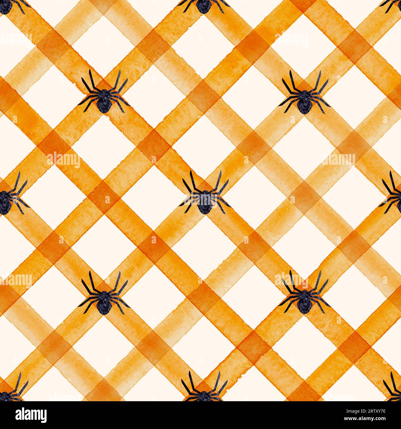 Watercolor stripe plaid spiders seamless pattern. Orange stripes and ...