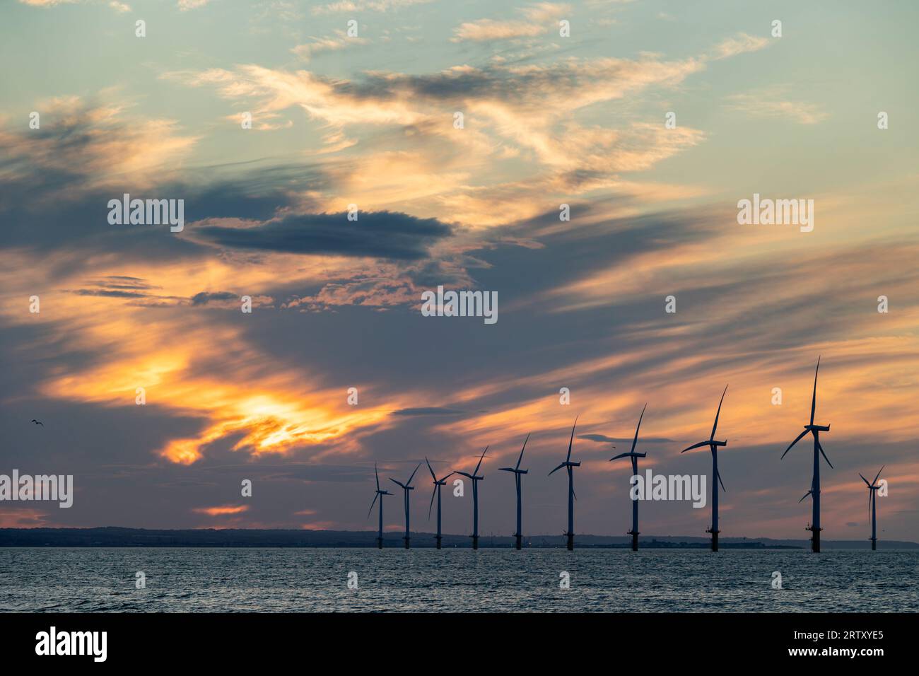 Off Shore Wind Turbines ast sunset, Redcar, Cleveland Stock Photo