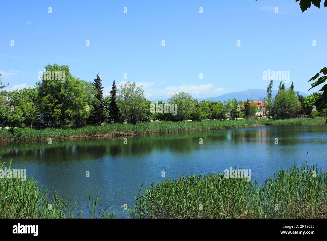 Beautiful blue lake in the village. Ivanovka. Ismayilli region. Azerbaijan. Stock Photo