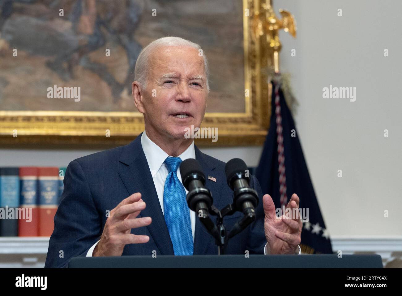 Washington, United States. 15th Sep, 2023. United States President Joe Biden delivers remarks on the contract negotiations between the United Auto Workers (UAW) and the Big Three automakers -- Ford, GM and Stellantis -- in the Roosevelt Room of the White House in Washington, DC on Friday, September 15, 2023. Photo by Chris Kleponis /UPI Credit: UPI/Alamy Live News Stock Photo