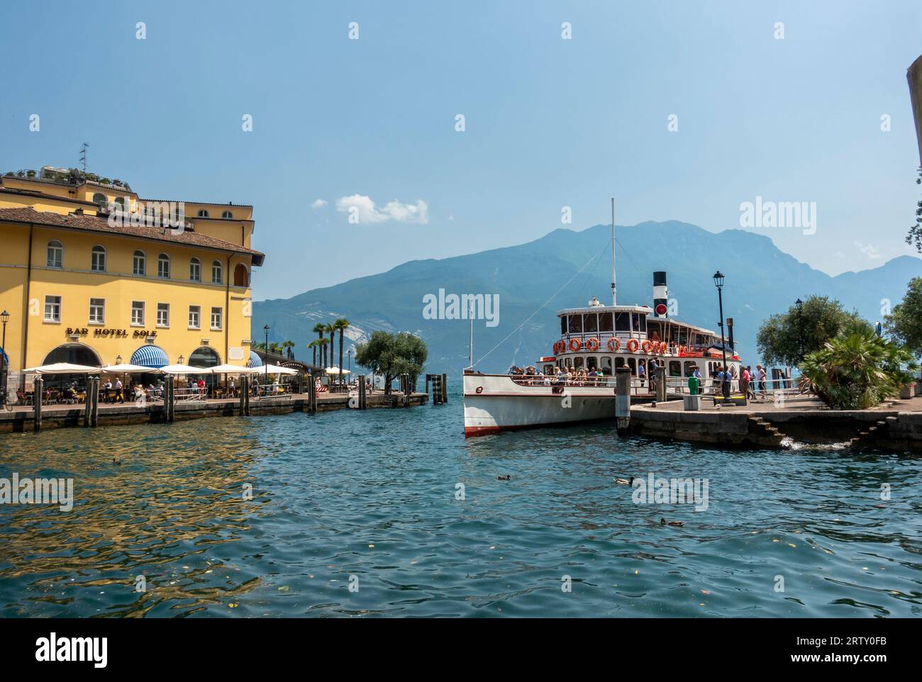 Riva, Rival del Garda, province of Trento of the Trentino Alto Adige region, Italy. Paddle steamer ferry Italia Stock Photo