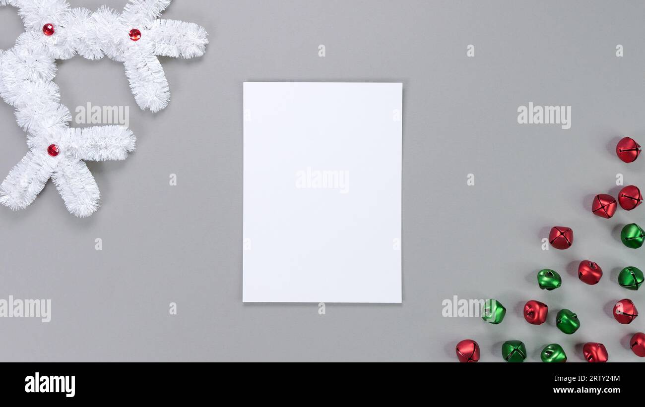 Template composition with blank photo cards, gift cards, photo frame and isolated on grey background for easy editing. Mockup, photo card, Christmas c Stock Photo