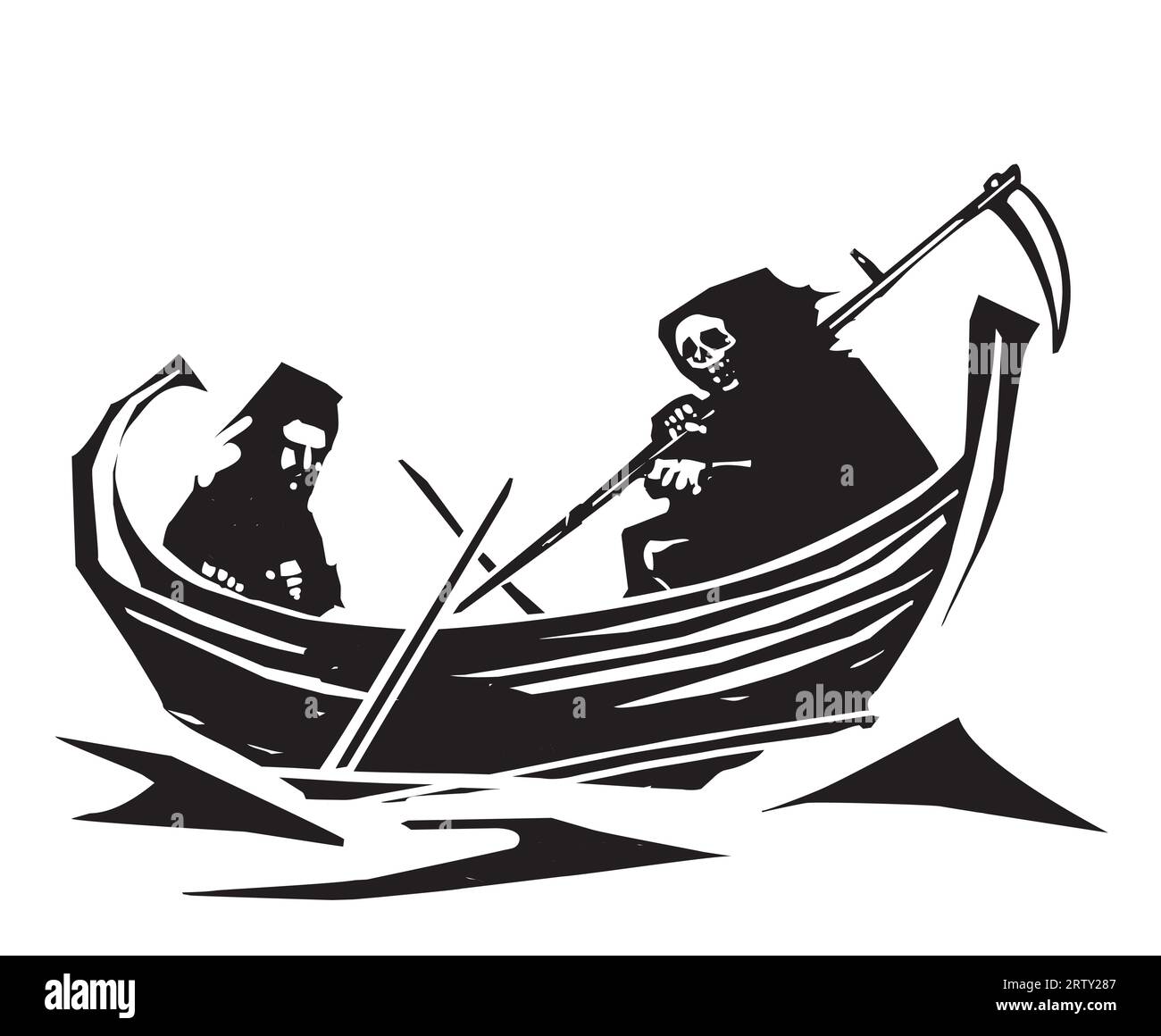 Woodcut style expressionistic image of a man in a rowboat with death on the river styx. Stock Vector