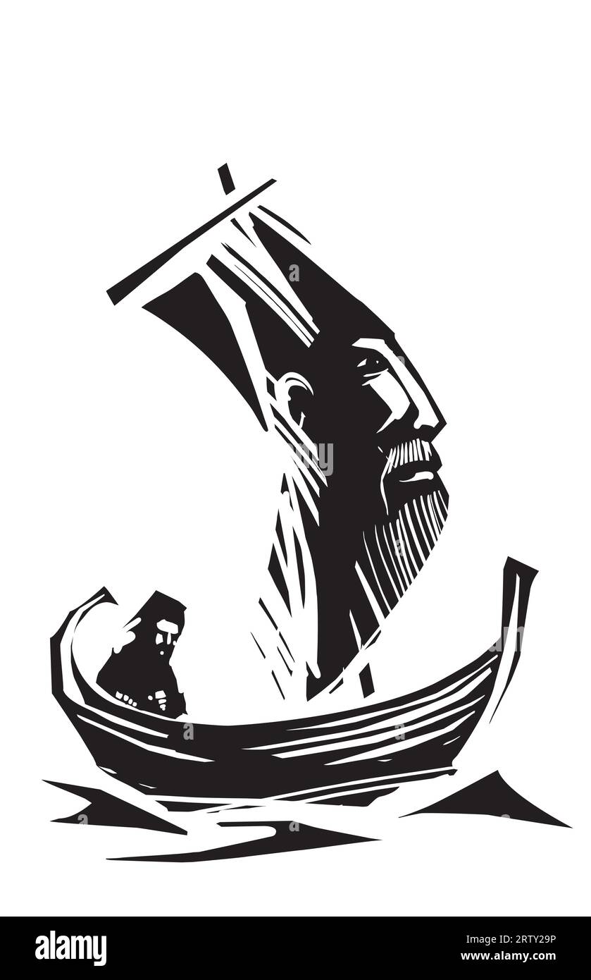Woodcut style expressionistic image of a man in a sail Boat with a mans face on the sail Stock Vector