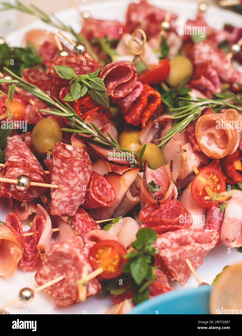 Office party catering, table with variety of different food snacks on a