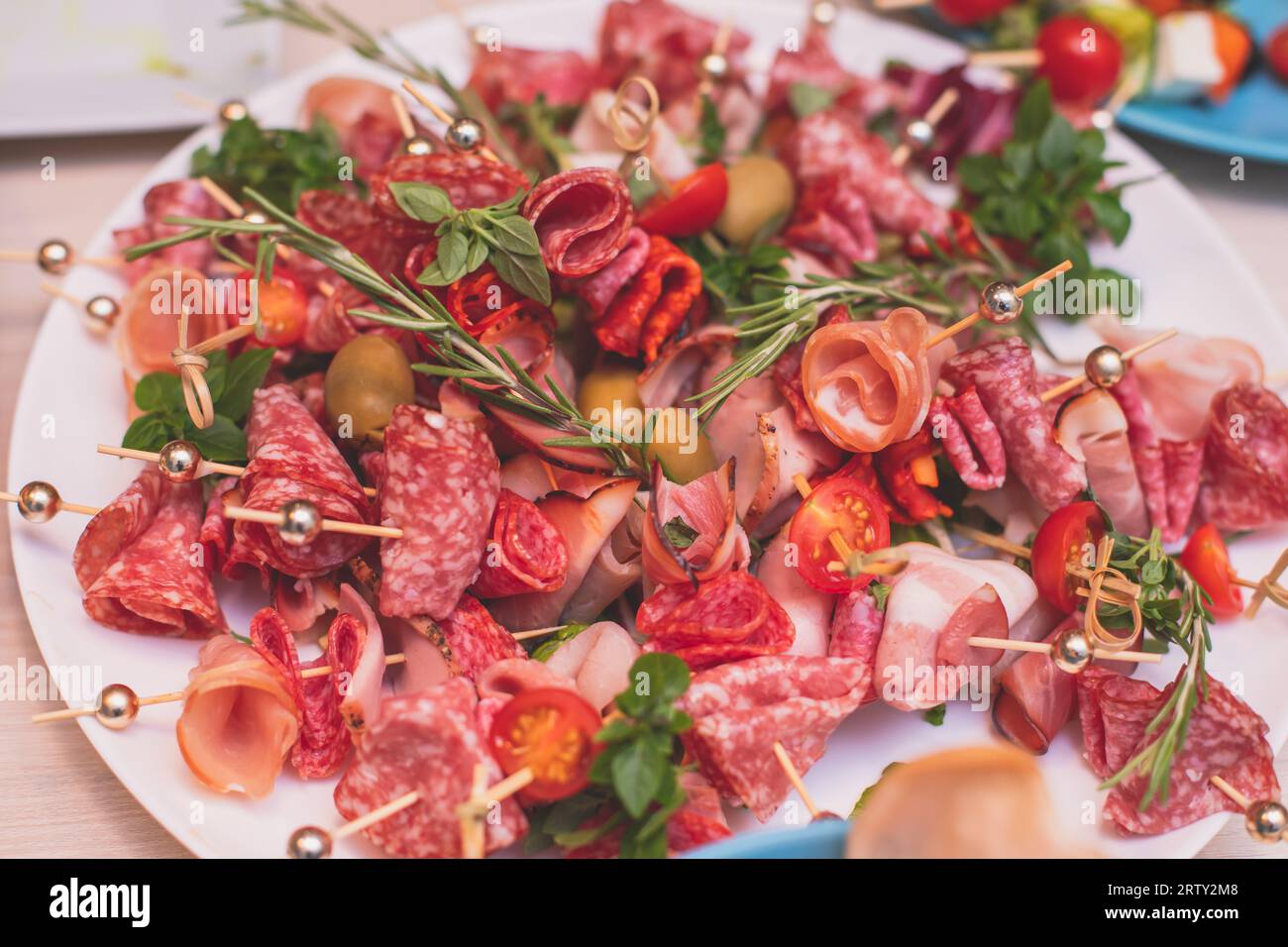Office party catering, table with variety of different food snacks on a