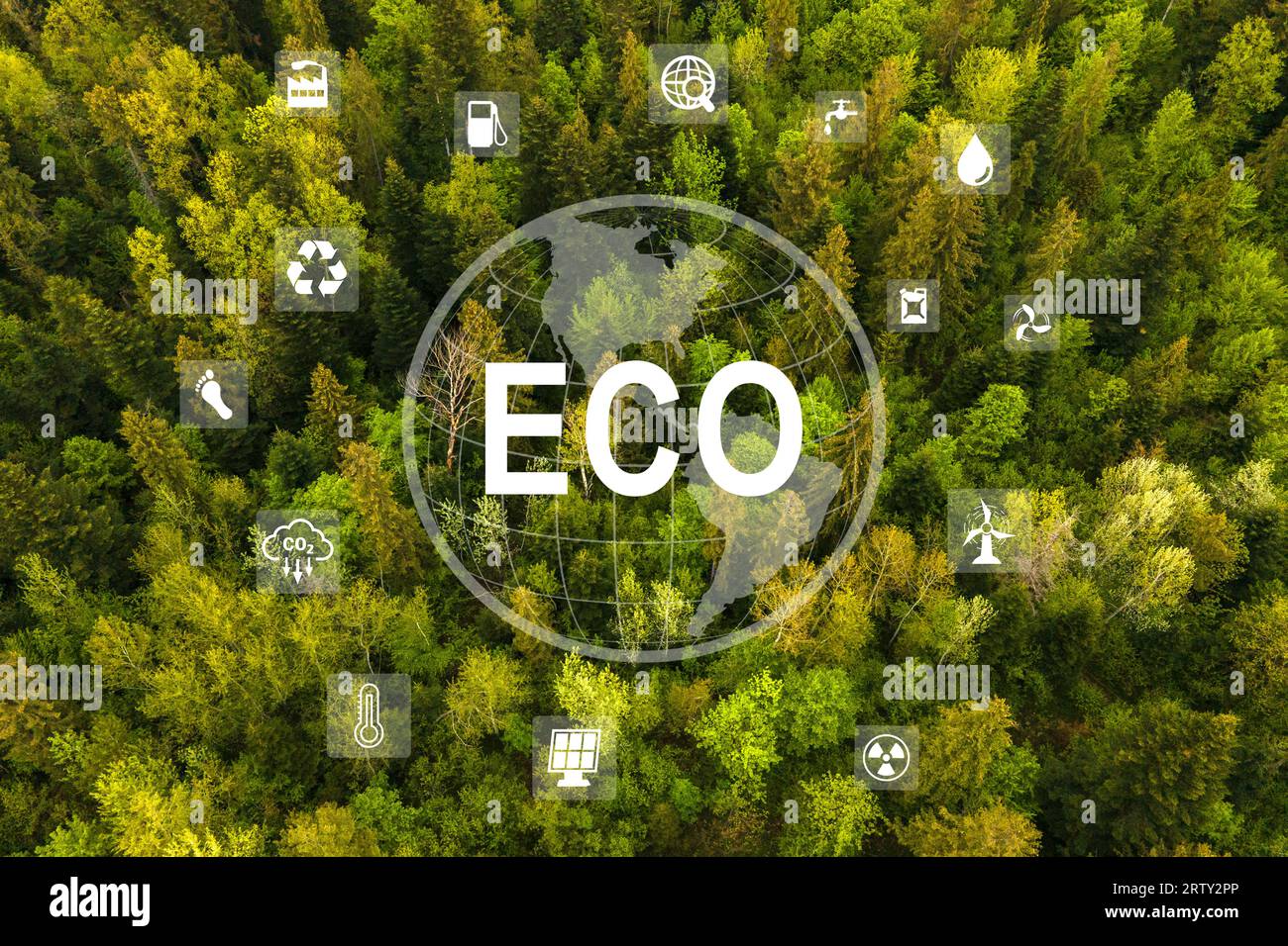 Carbon neutral and net zero or co2 emission for target in 2050 for a sustainable environment and eco-friendly on top view nature and green forest. Stock Photo