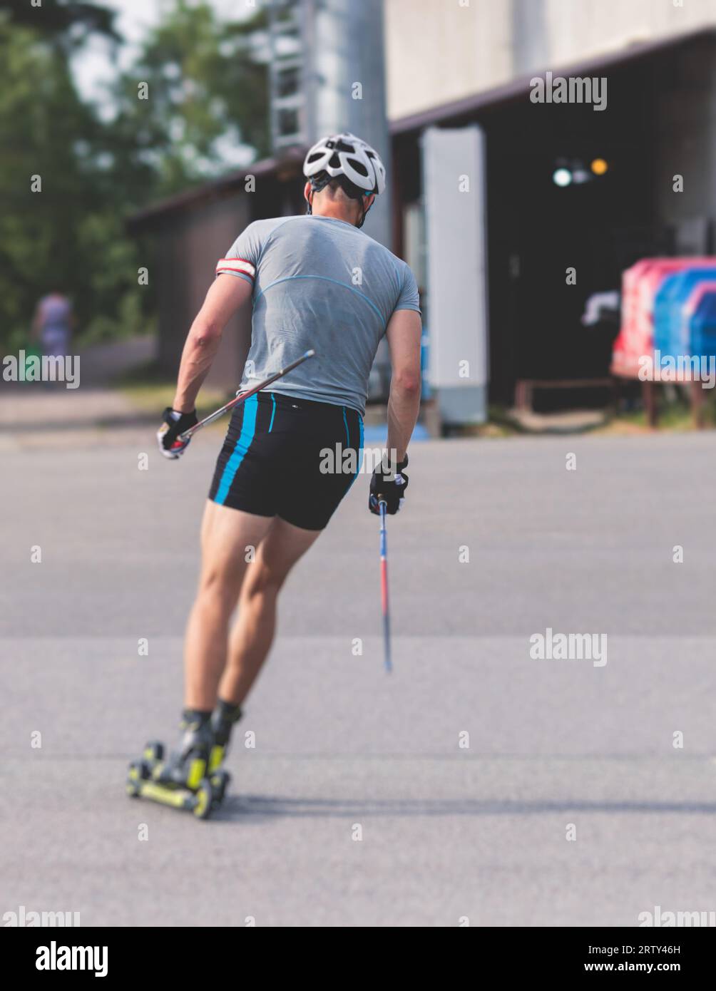 Athletes ride roller skis on asphalt track, group of ski rollers in