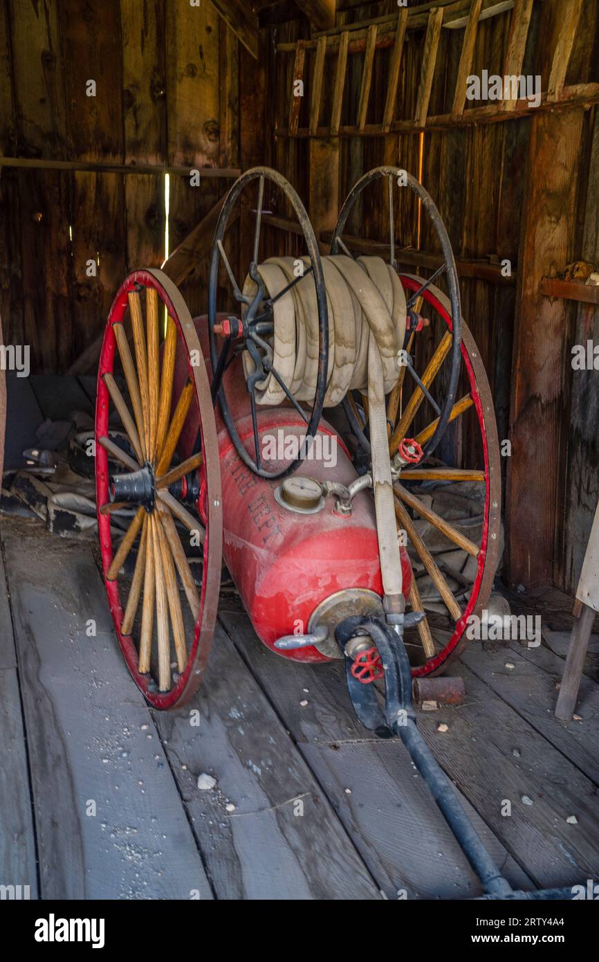 19th Century Hand Drawn Fire Hose Reel in the Bodie ghost town in California. Bodie is a ghost town in the Bodie Hills east of the Sierra Nevada. Stock Photo