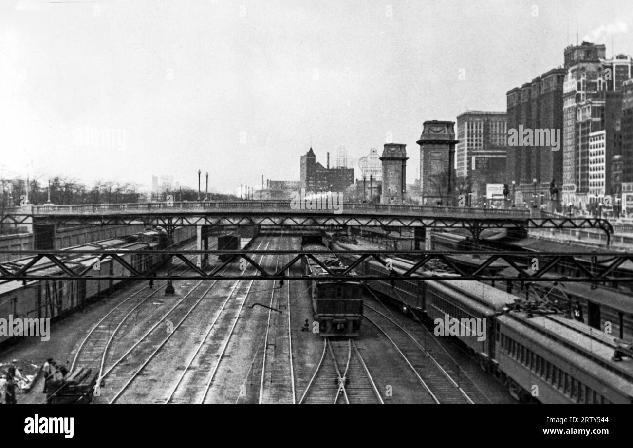 Chicago, Illinois   c. 1933 The Illinois Central Railroad yard in Chicago. Stock Photo