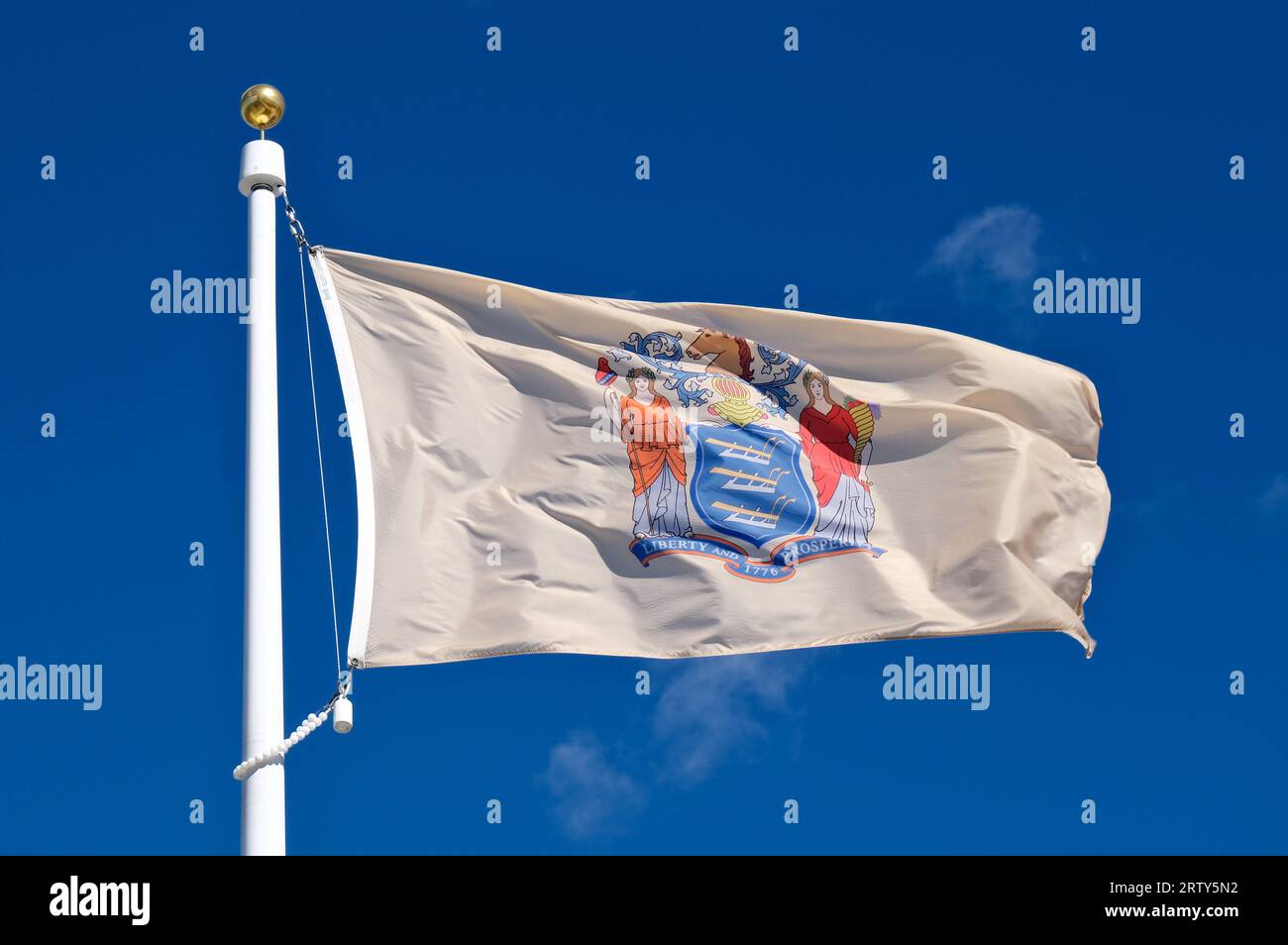 Close up of New Jersey state flag against a blue sky background and white clouds Stock Photo