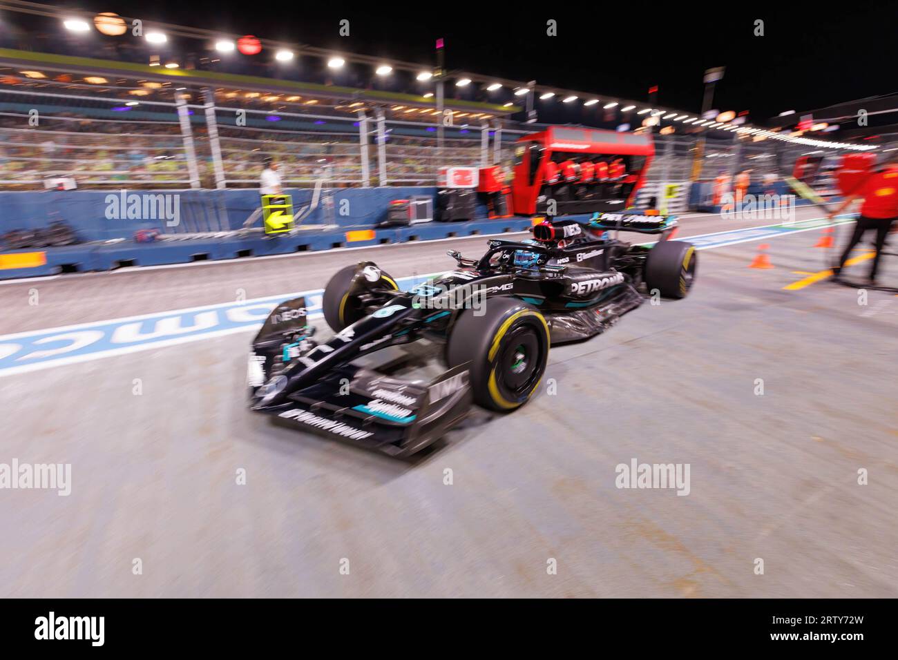 Singapore, Singapore. 15th Sep, 2023. George Russell of Great Britain drives the (63) Mercedes AMG Petronas F1 Team W13 during the practice ahead of the F1 Grand Prix of Singapore at the Marina Bay Street Circuit in Singapore. Credit: SOPA Images Limited/Alamy Live News Stock Photo