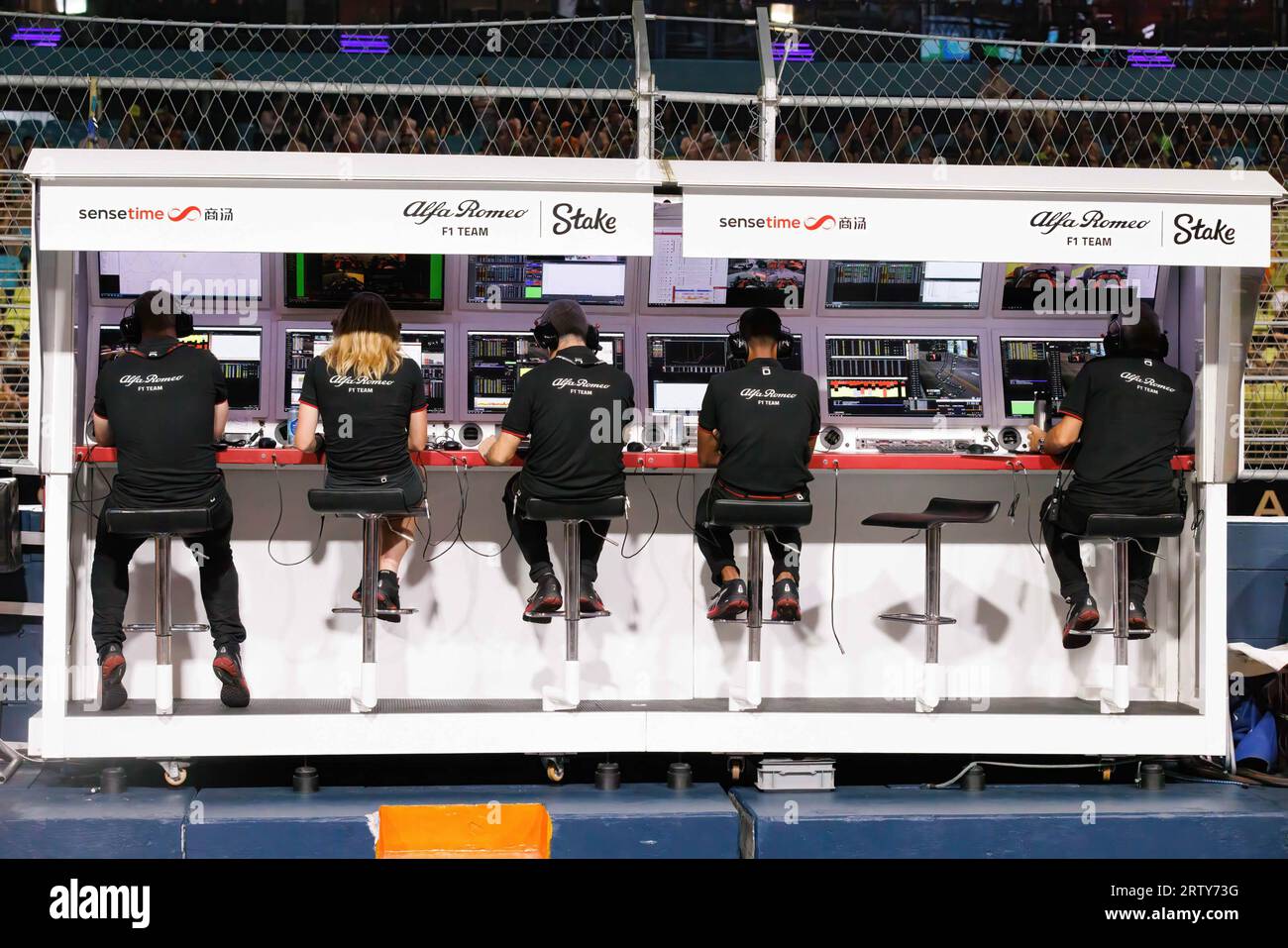 Singapore, Singapore. 15th Sep, 2023. The Alfa Romeo pit wall seen during the practice ahead of the F1 Grand Prix of Singapore at the Marina Bay Street Circuit in Singapore. Credit: SOPA Images Limited/Alamy Live News Stock Photo