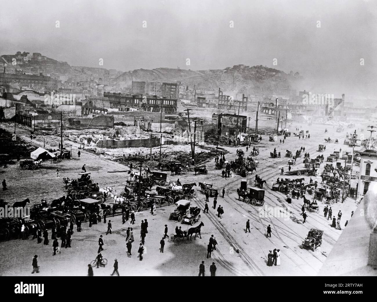 San Francisco, California  1906 San Francisco lays in ruins after the April 18th earthquake. This photo, taken from the top of the Ferry Building, shows the Embarcadero in the foreground, and Russian HIll at the left and Telegraph Hill to the right. Stock Photo