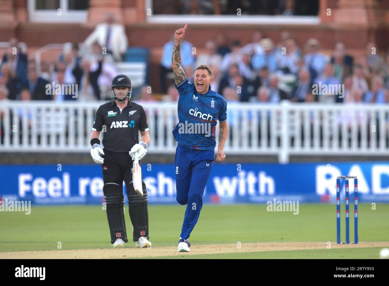 September, 2023. London, UK. England's Bryson Carse celebrates after bowling New Zealand's Daryl Mitchell as England take on New Zealand in the 4th Metro Bank One Day International at Lords Credit: David Rowe/Alamy Live News Stock Photo