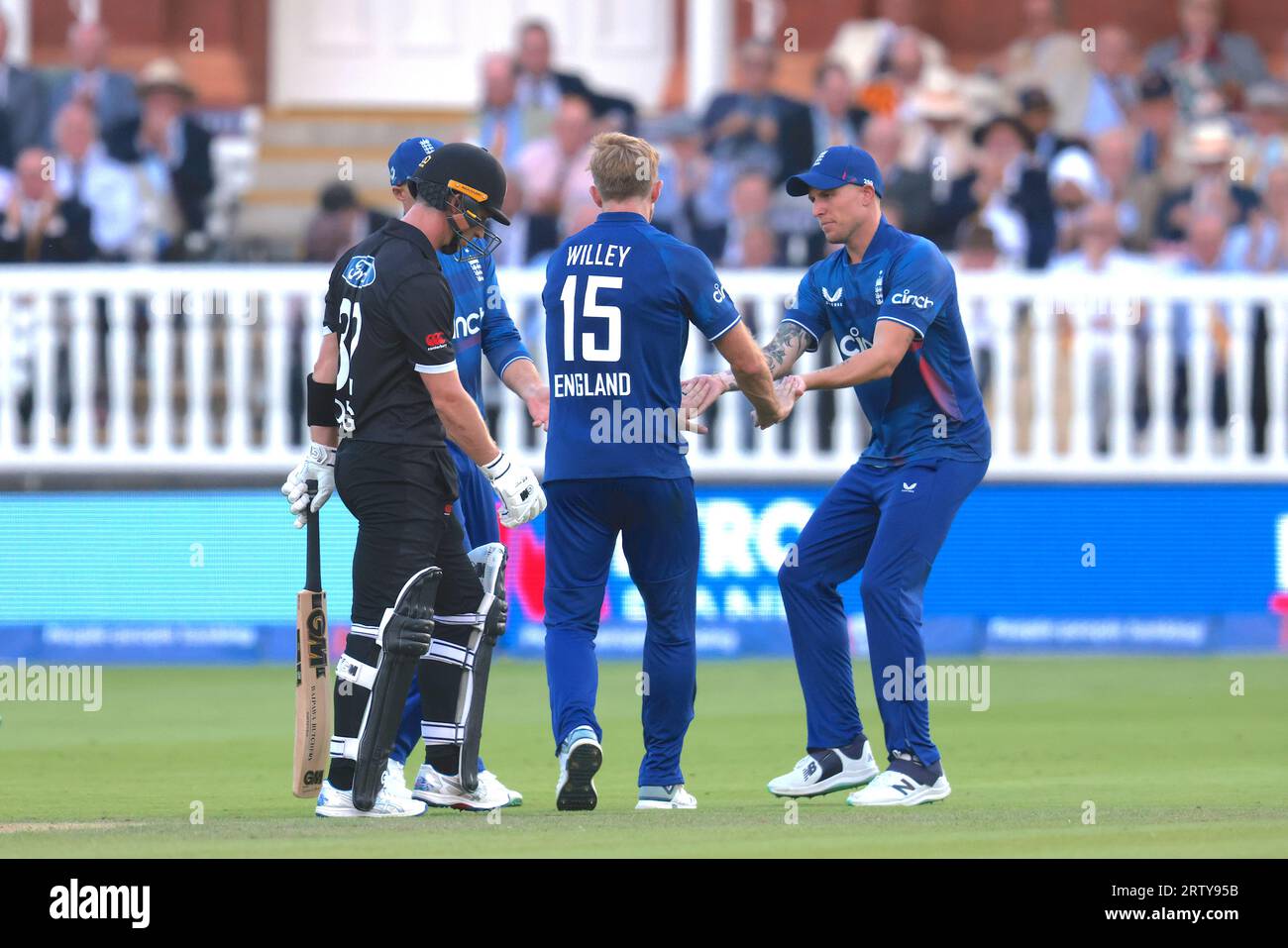 September, 2023. London, UK. England's David Willey celebrates after getting the wicket of Will Young as England take on New Zealand in the 4th Metro Bank One Day International at Lords Credit: David Rowe/Alamy Live News Stock Photo