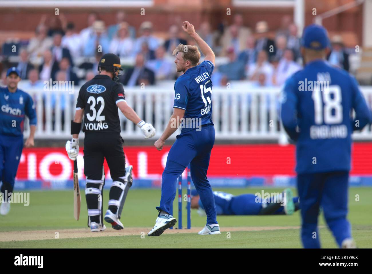 London, UK. 15th Sep, 2023. England's David Willey celebrates after getting the wicket of Will Young as England take on New Zealand in the 4th Metro Bank One Day International at Lords Credit: David Rowe/Alamy Live News Stock Photo