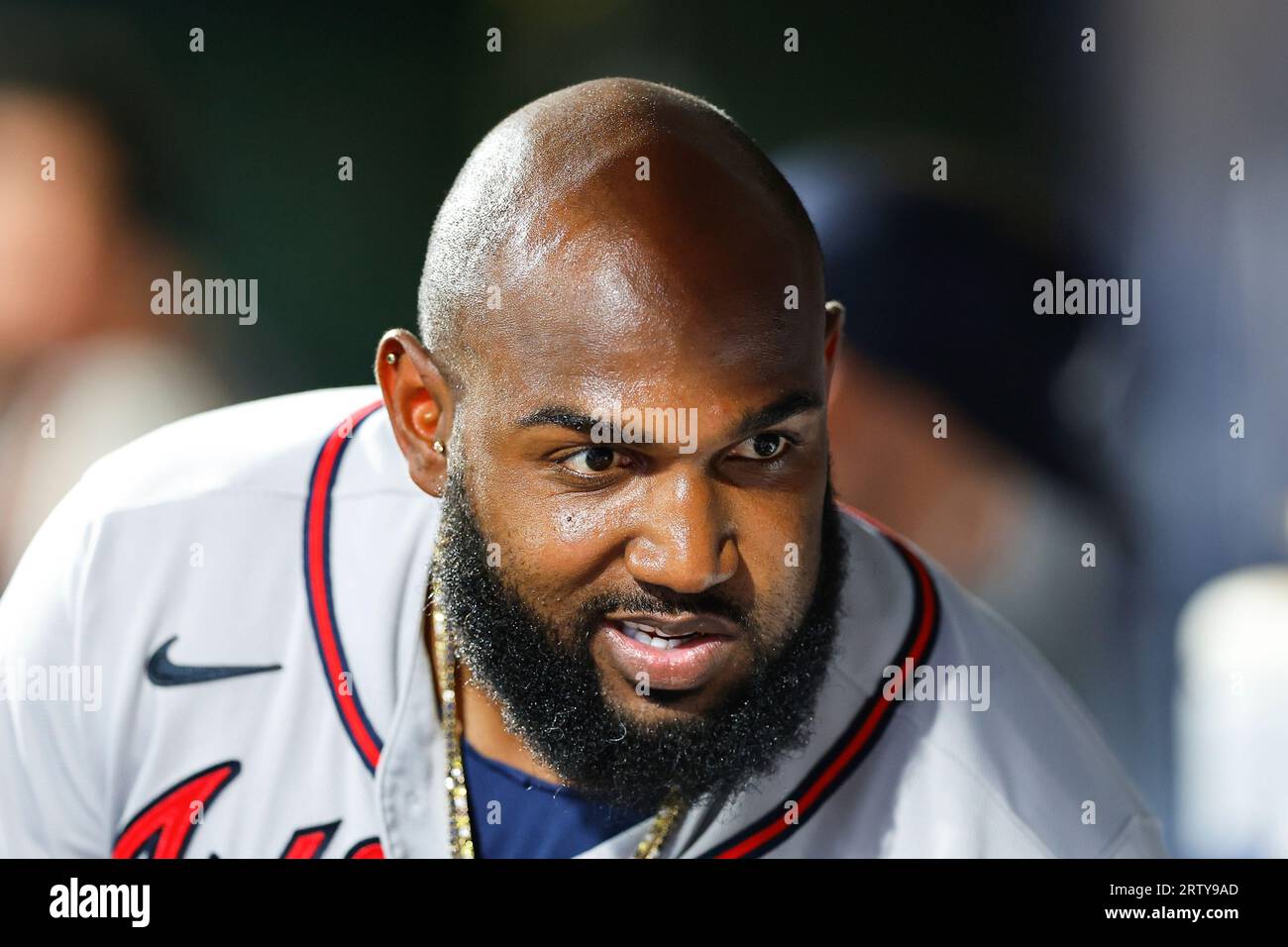 PHILADELPHIA, PA - SEPTEMBER 12: Marcell Ozuna #20 of the Atlanta Braves in  the dugout during the Major League Baseball game against the Philadelphia  Phillies on September 12, 2023 at Citizens Bank