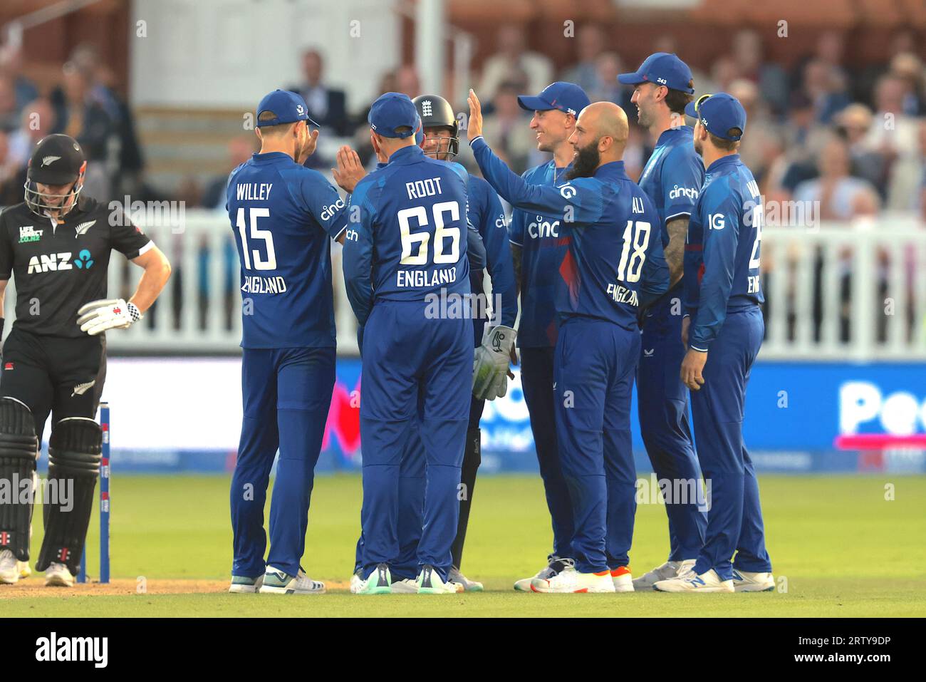 London, UK. 15th Sep, 2023. England's Moeen Ali celebrates after getting the wicket of Henry Nicholls as England take on New Zealand in the 4th Metro Bank One Day International at Lords Credit: David Rowe/Alamy Live News Stock Photo