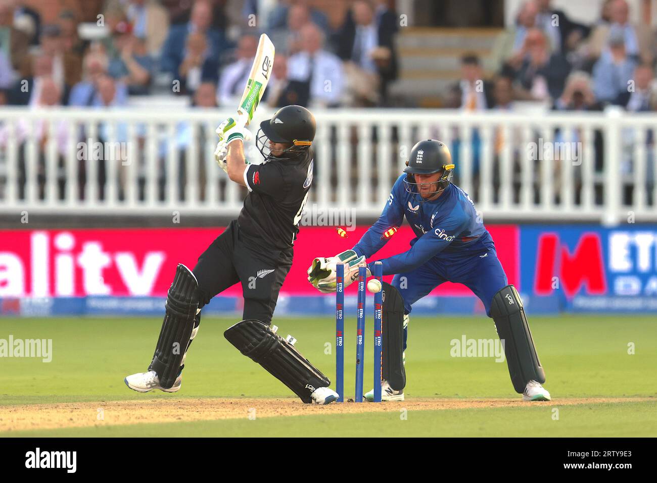 London, UK. 15th Sep, 2023. New Zealand's Tom Latham is bowled by England's Moeen Ali as England take on New Zealand in the 4th Metro Bank One Day International at Lords Credit: David Rowe/Alamy Live News Stock Photo