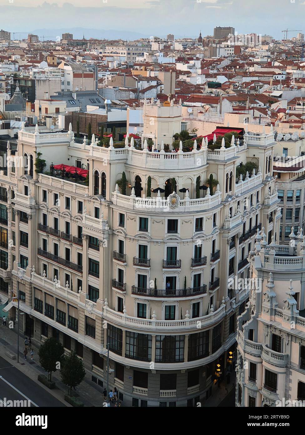 Beautiful building in Madrid, Gran Via. View from Circulo de Bellas Artes Stock Photo