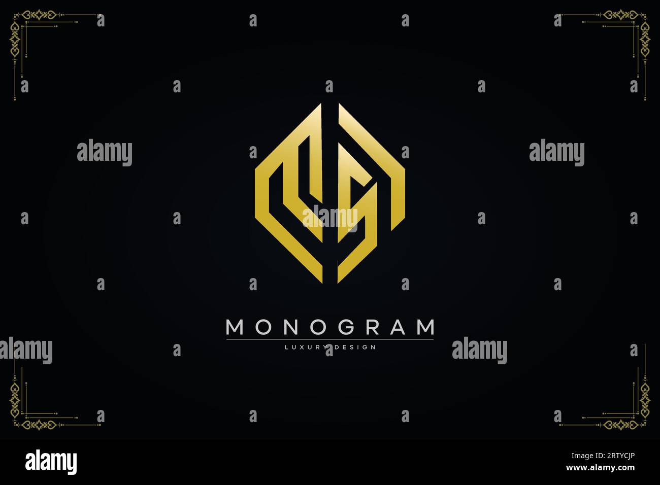 luxurious letter MS logo with gold line art hexagon shape vector design template Stock Vector