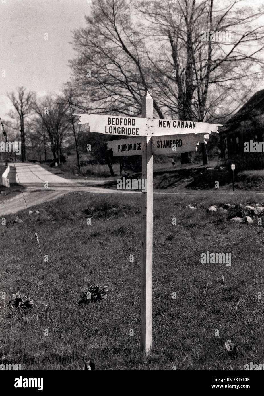 Connecticut c. 1930 View of a rural crossroads signpost with