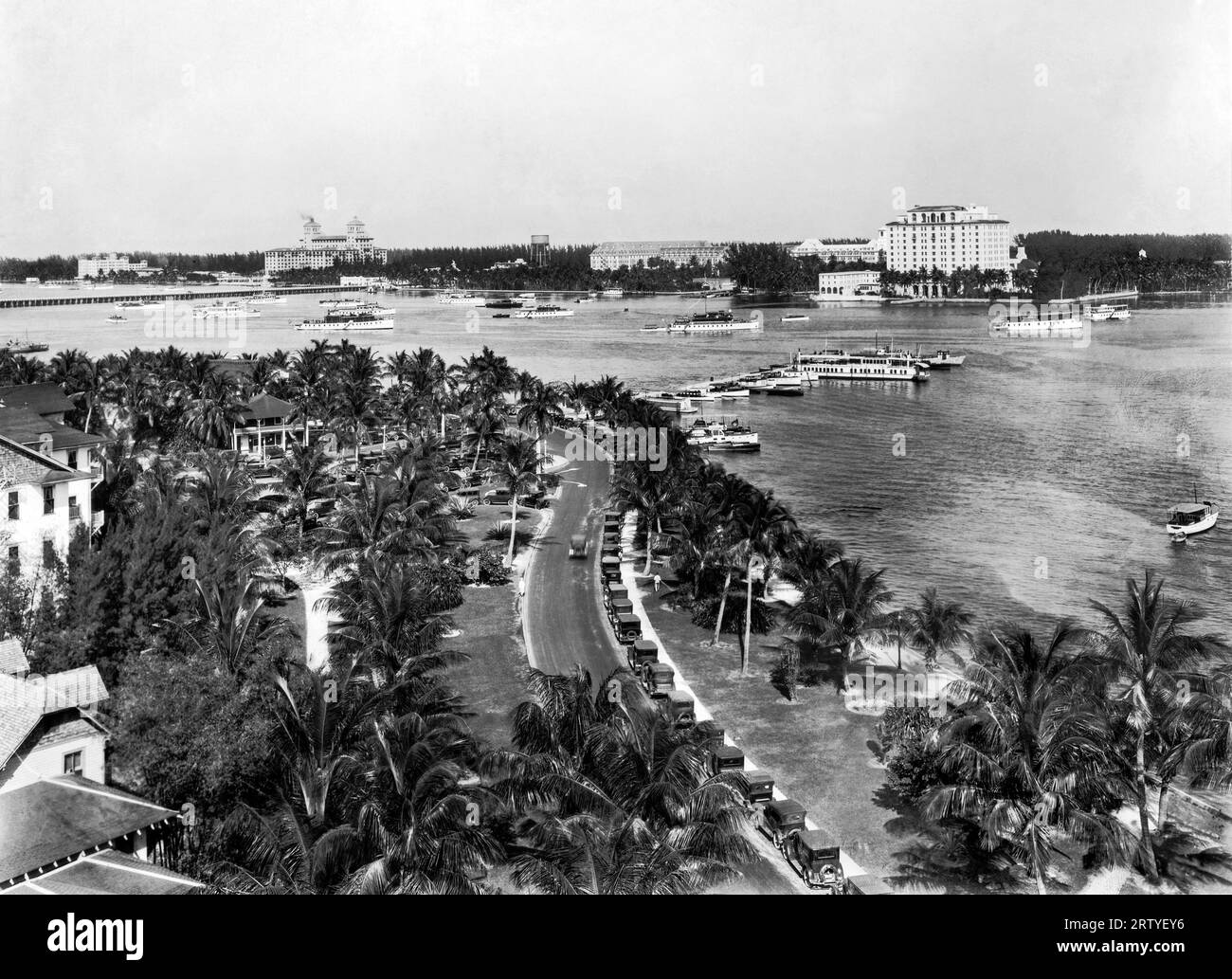 Palm Beach, Florida,   c. 1927 A view of Palm Beach, Florida, with the Whitehall Hotel at the far right. Stock Photo