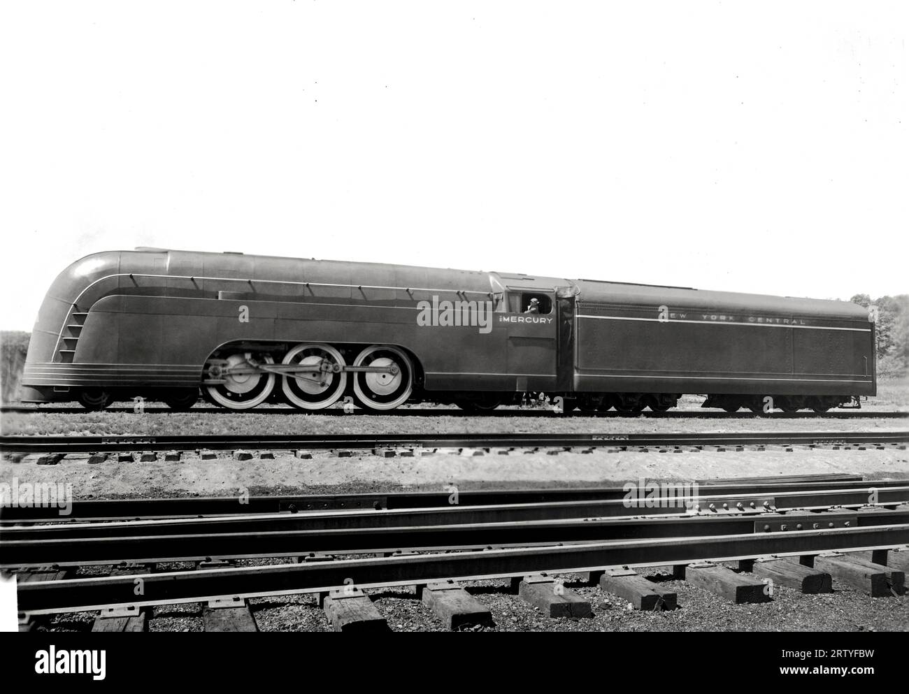 Detroit, Michigan: July 13, 1936. The first Mercury locomotive for the New York Central Railroad, designed by noted industrial designer Henry Dreyfuss, will operate between Cleveland and Detroit. It is considered a prime example of Art Deco design. Stock Photo