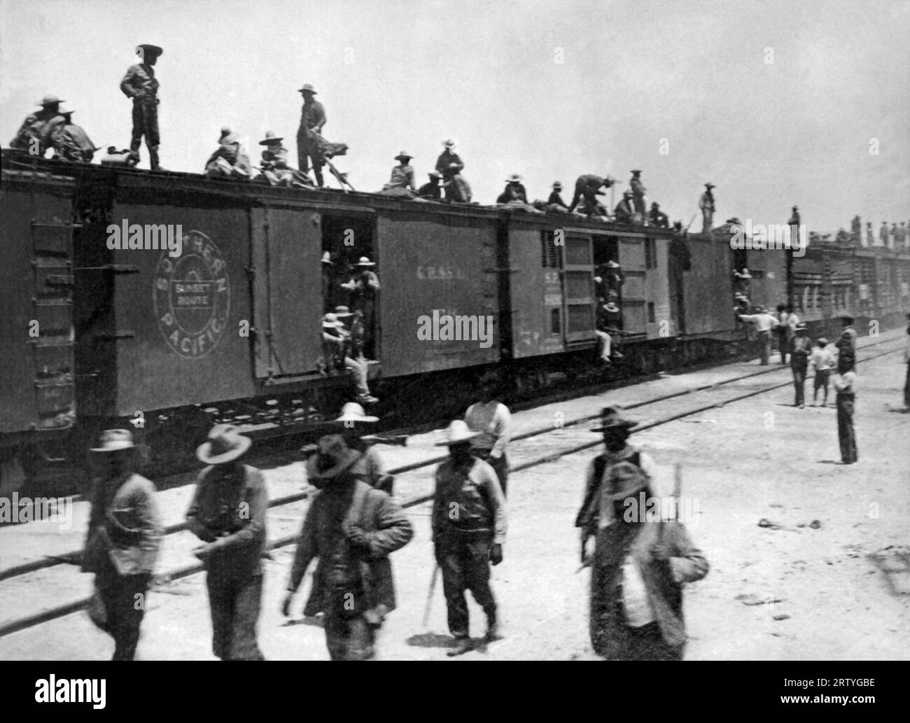 Mexico City, Mexico    c. 1912. Mexican troops being sent out by train from Mexico City to supress the uprising in the various provinces. Stock Photo