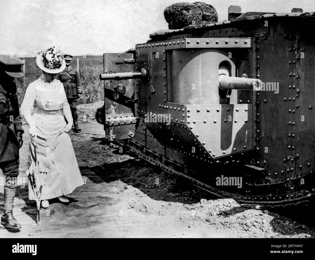 Western Front, France    c. 1917. Queen Mary of England inspects a tankdrome on a Royal visit to the British Western Front in France during WWI. Stock Photo