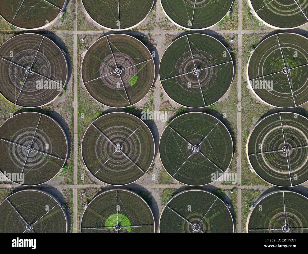Rotherwas Hereford UK aerial view of Welsh Water sewage treatment plant and filter beds in