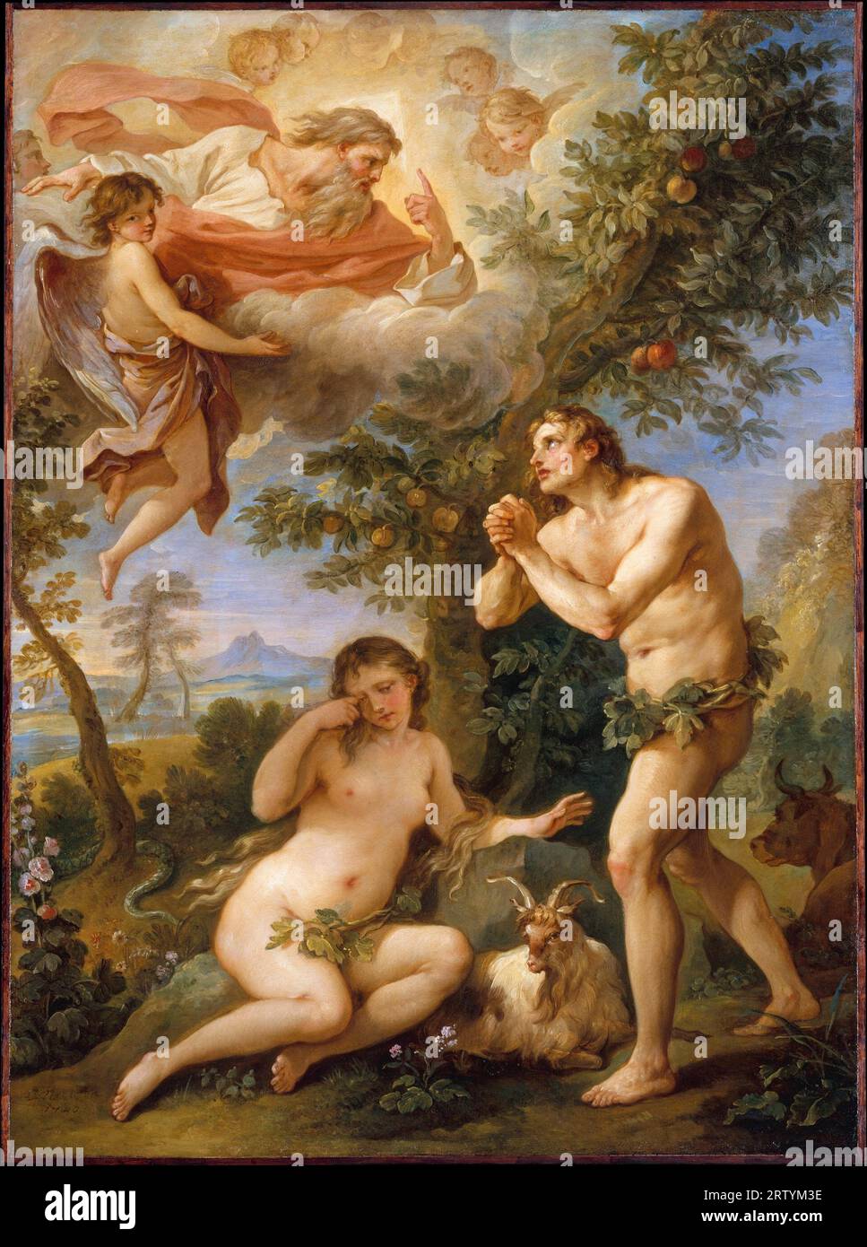 The Rebuke of Adam and Eve, oil painting on copper by French painter Charles Joseph Natoire, 1740 Stock Photo