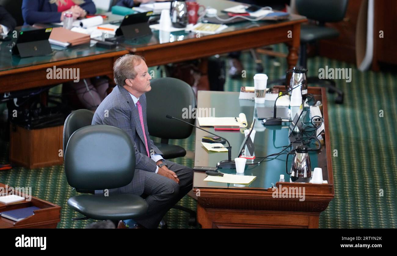 Austin Texas USA, September 15 2023: Suspended Texas attorney general KEN PAXTON sits alone at the defense table as both sides have rested their cases in his impeachment trial in the Texas Senate. The jury is deliberating the charges late Friday. Credit: Bob Daemmrich/Alamy Live News Stock Photo