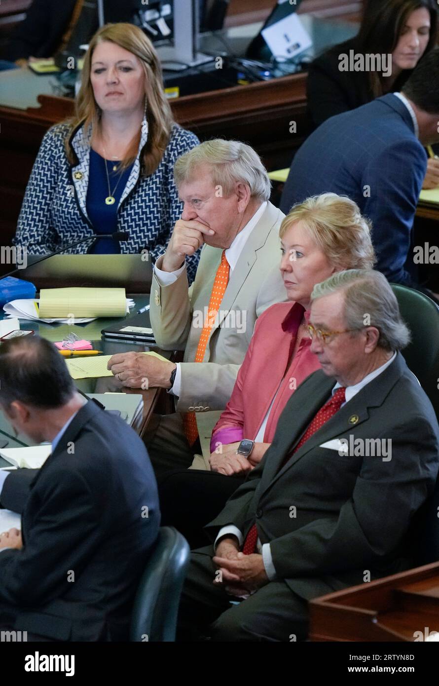 Prosecutors RUSTY HARDIN, HARRIET O'NEILL and DICK DEGUERIN listen during final arguments as both sides have rested in Texas Attorney General Ken Paxton's impeachment trial in the Texas Senate on September 15, 2023. The jury is deliberating the charges late Friday afternoon. Credit: Bob Daemmrich/Alamy Live News Stock Photo