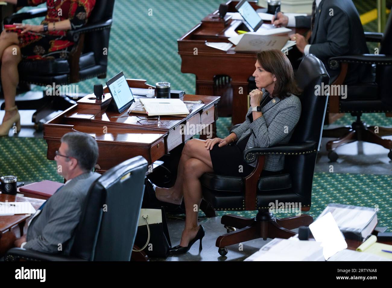 State Sen. ANGELA PAXTON listens to final arguments as both sides have rested in Texas Attorney General Ken Paxton's impeachment trial in the Texas Senate on September 15, 2023. The jury is deliberating the charges late Friday afternoon. Credit: Bob Daemmrich/Alamy Live News Stock Photo