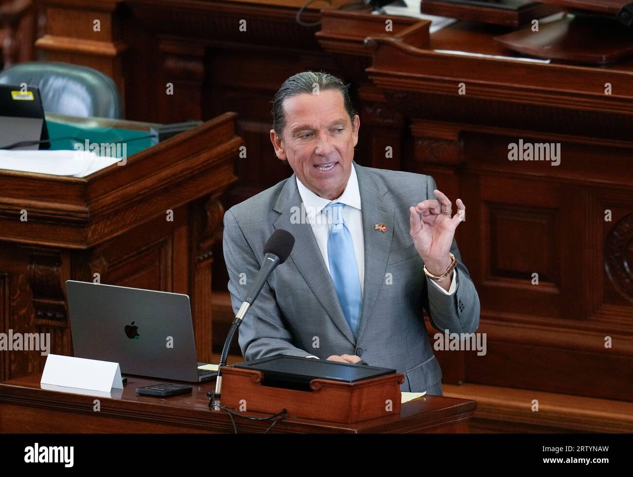 Defense attorney TONY BUZBEE makes closing arguments as both sides have rested in Texas Attorney General Ken Paxton's impeachment trial in the Texas Senate on September 15, 2023. The jury is deliberating the charges late Friday afternoon. Credit: Bob Daemmrich/Alamy Live News Stock Photo