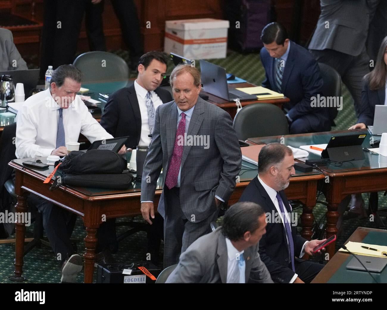 Accused Texas attorney general KEN PAXTON enters the Senate chamber after a break as both sides have rested in Texas Attorney General Ken Paxton's impeachment trial in the Texas Senate on September 15, 2023. The jury is deliberating the charges late Friday afternoon. Credit: Bob Daemmrich/Alamy Live News Stock Photo
