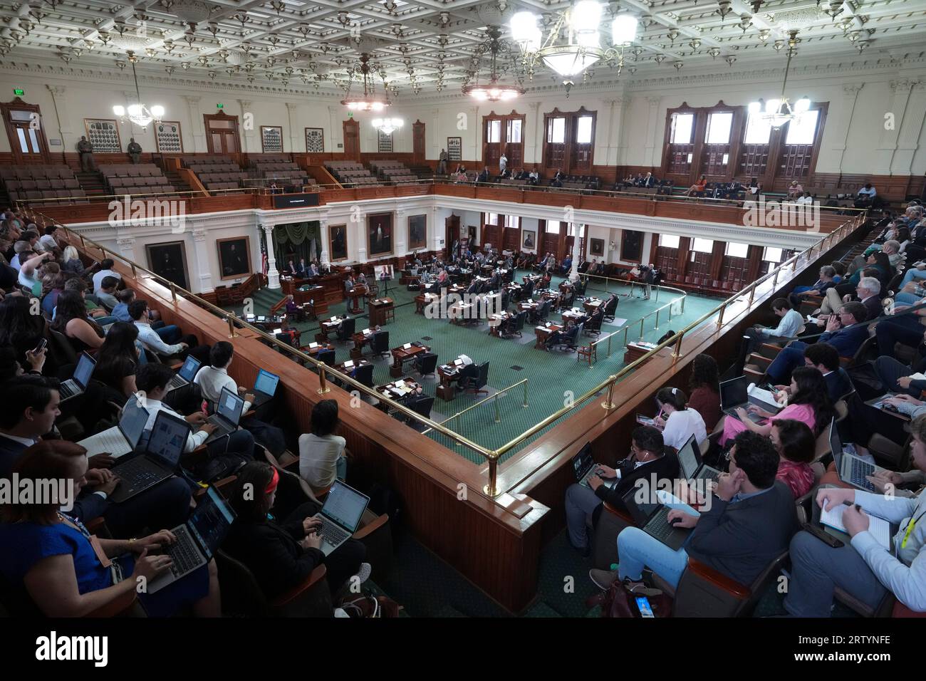 Austin Texas USA, September 15 2023: Final arguments are delivered on the Texas Senate floor as members of the press watch from the gallery during Texas Attorney General Ken Paxton's impeachment trial. The jury is deliberating the charges late Friday afternoon. Credit: Bob Daemmrich/Alamy Live News Stock Photo