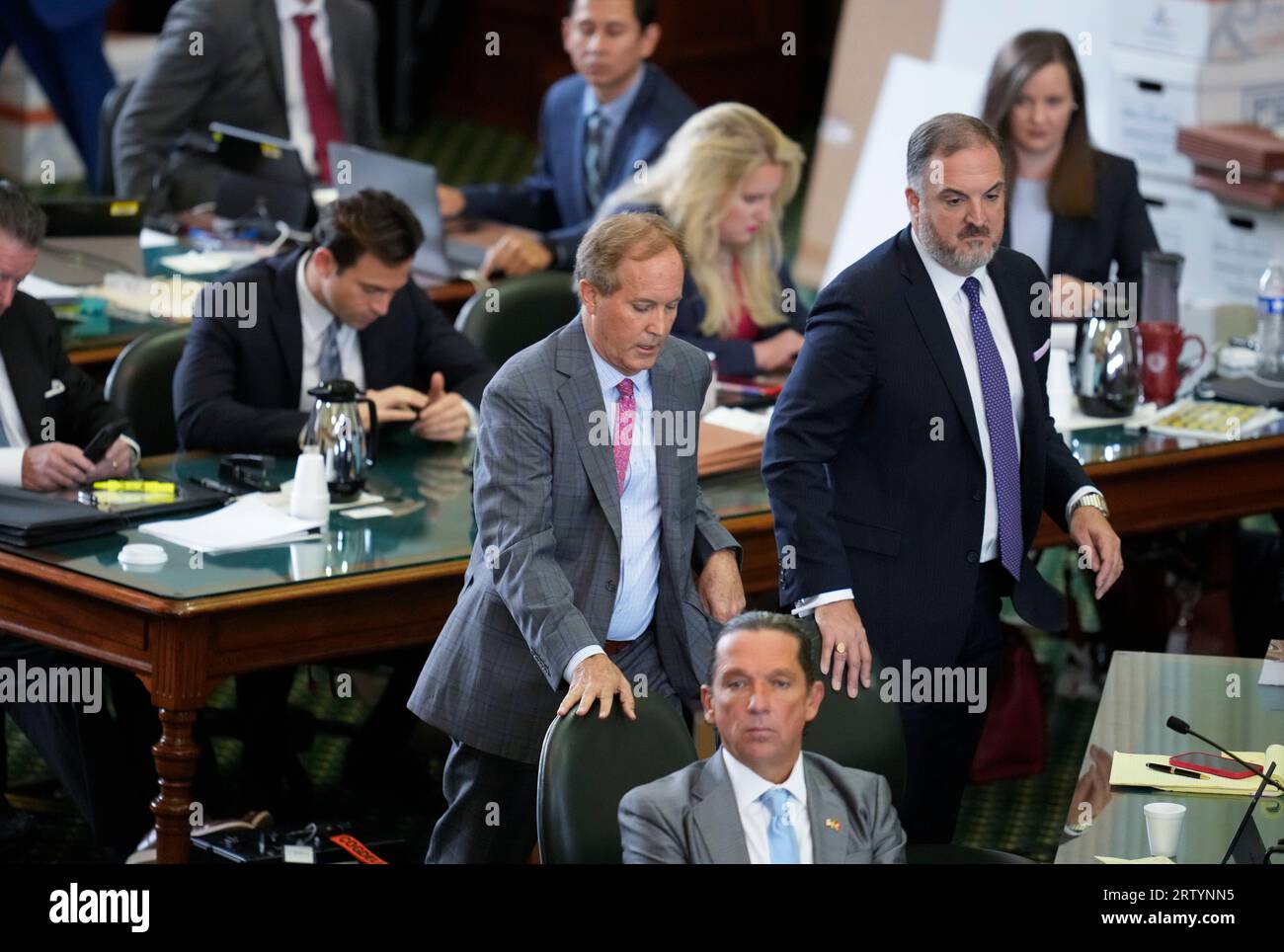Austin Texas USA, September 15, 2023: Accused Texas attorney general KEN PAXTON (mauve tie) enters the Senate chamber after a break as both sides have rested in Paxton's impeachment trial in the Texas Senate. The jury is deliberating the charges late Friday afternoon. Credit: Bob Daemmrich/Alamy Live News Stock Photo